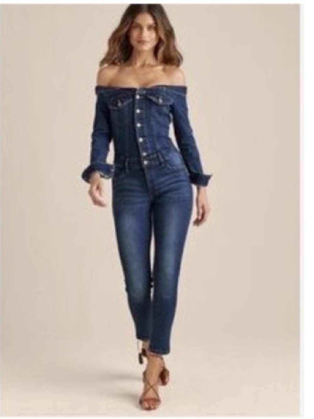 VENUS Dark Blue Off-Shoulder Denim Overalls